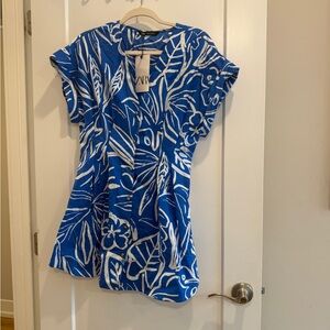ZARA Royal Blue & White Tropical Print Tunic Dress